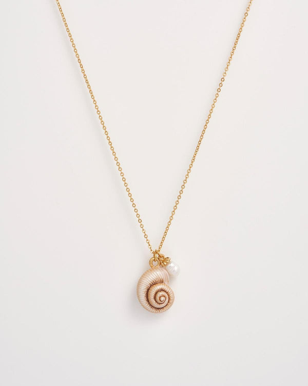 Sea Snail Shell and Pearl Worn Gold Short Necklace by Fable England