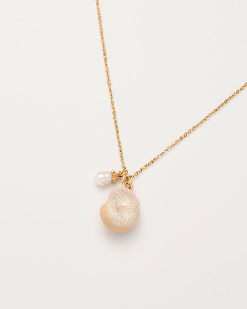 Sea Snail Shell and Pearl Worn Gold Short Necklace by Fable England