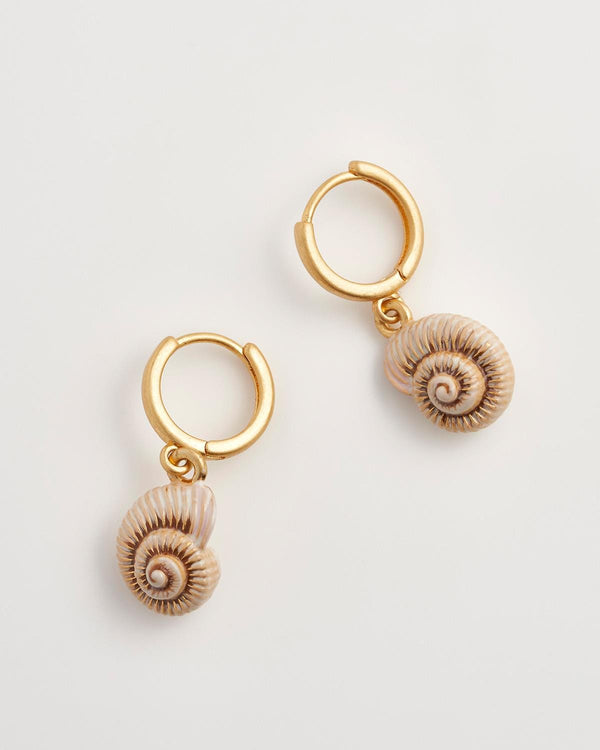 Sea Snail Shell Worn Gold Huggie Hoops by Fable England