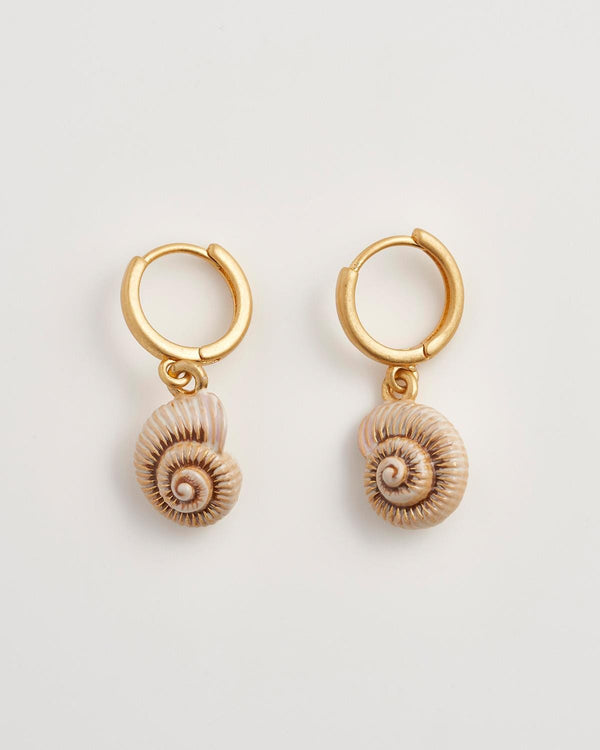 Sea Snail Shell Worn Gold Huggie Hoops by Fable England