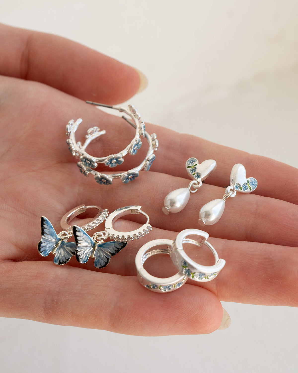 Forget Me Not Silver Stud Hoop Earrings