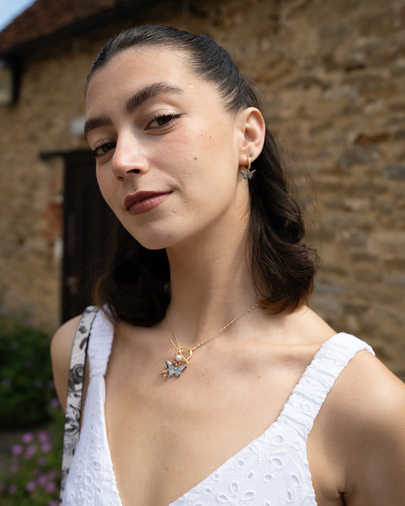 Enamel Blue Butterfly & Leaf Charm Necklace